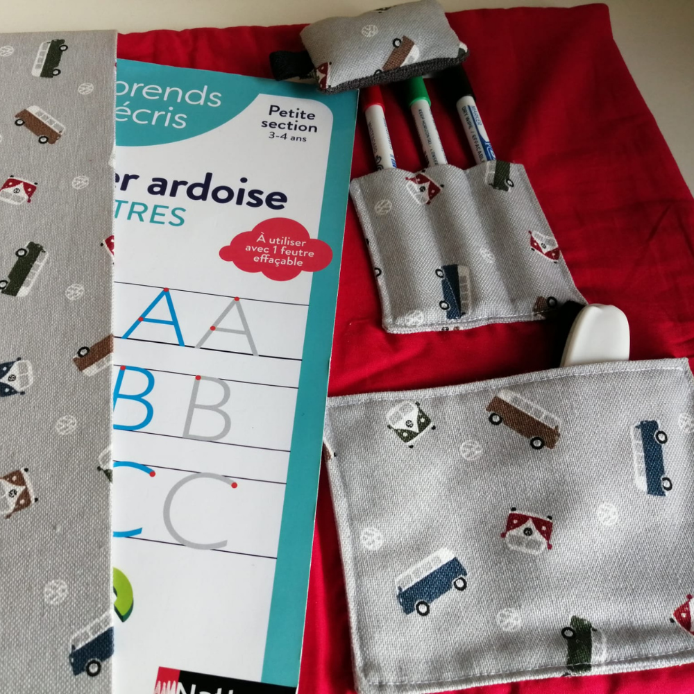 Pochette à ardoise – coton molletonné VW Combi + petite éponge (21×29 cm)