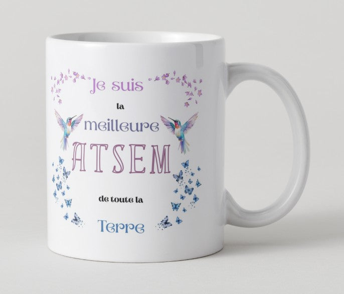 Mug "Je suis la meilleure ATSEM de toute la terre" avec fleurs et papillons