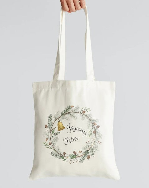 Tote bag - "Joyeuses fêtes" avec couronne de Noêl