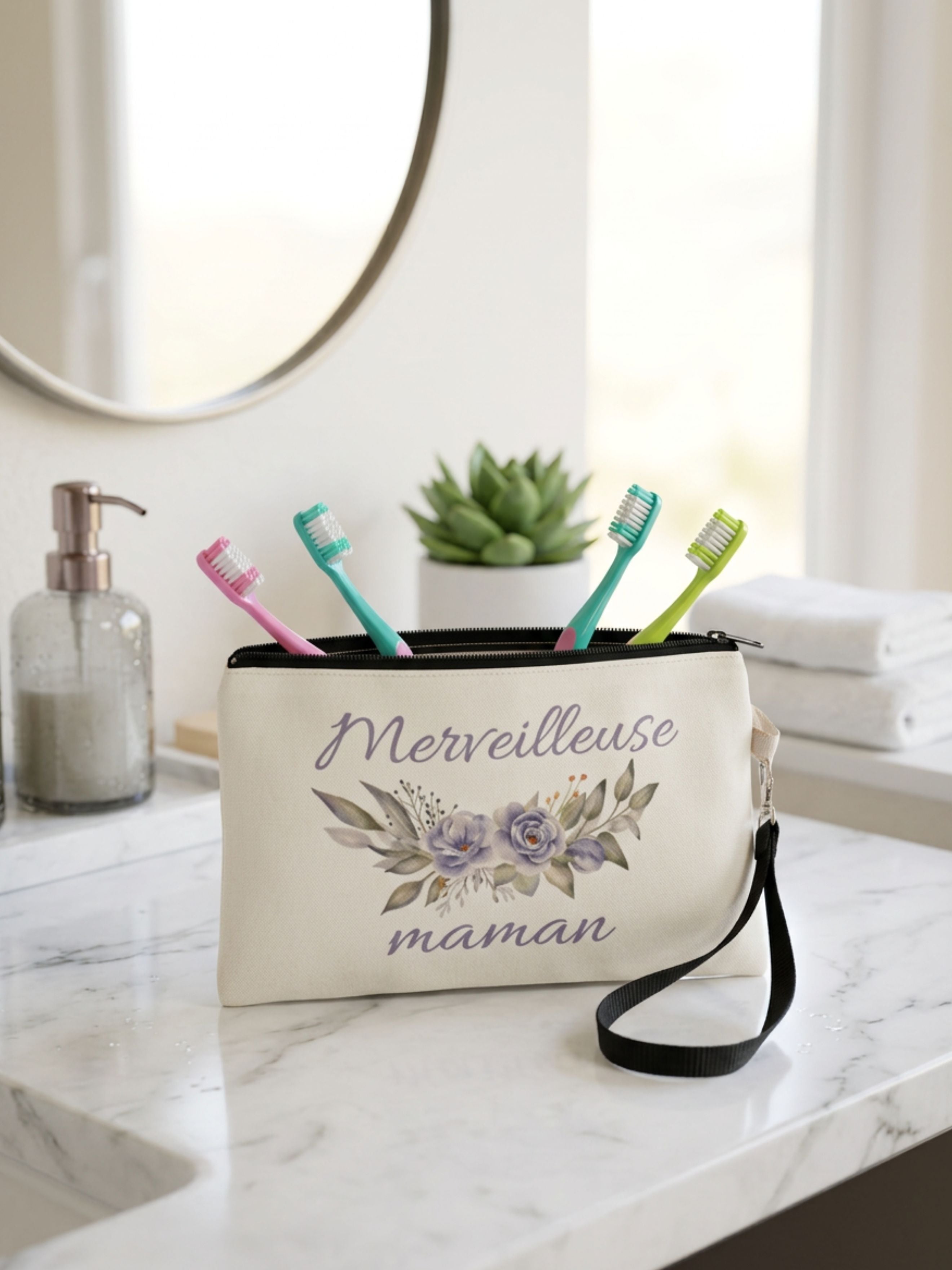 Trousse maquillage - 13*21cm - merveilleuse maman fleurs - fête des mères