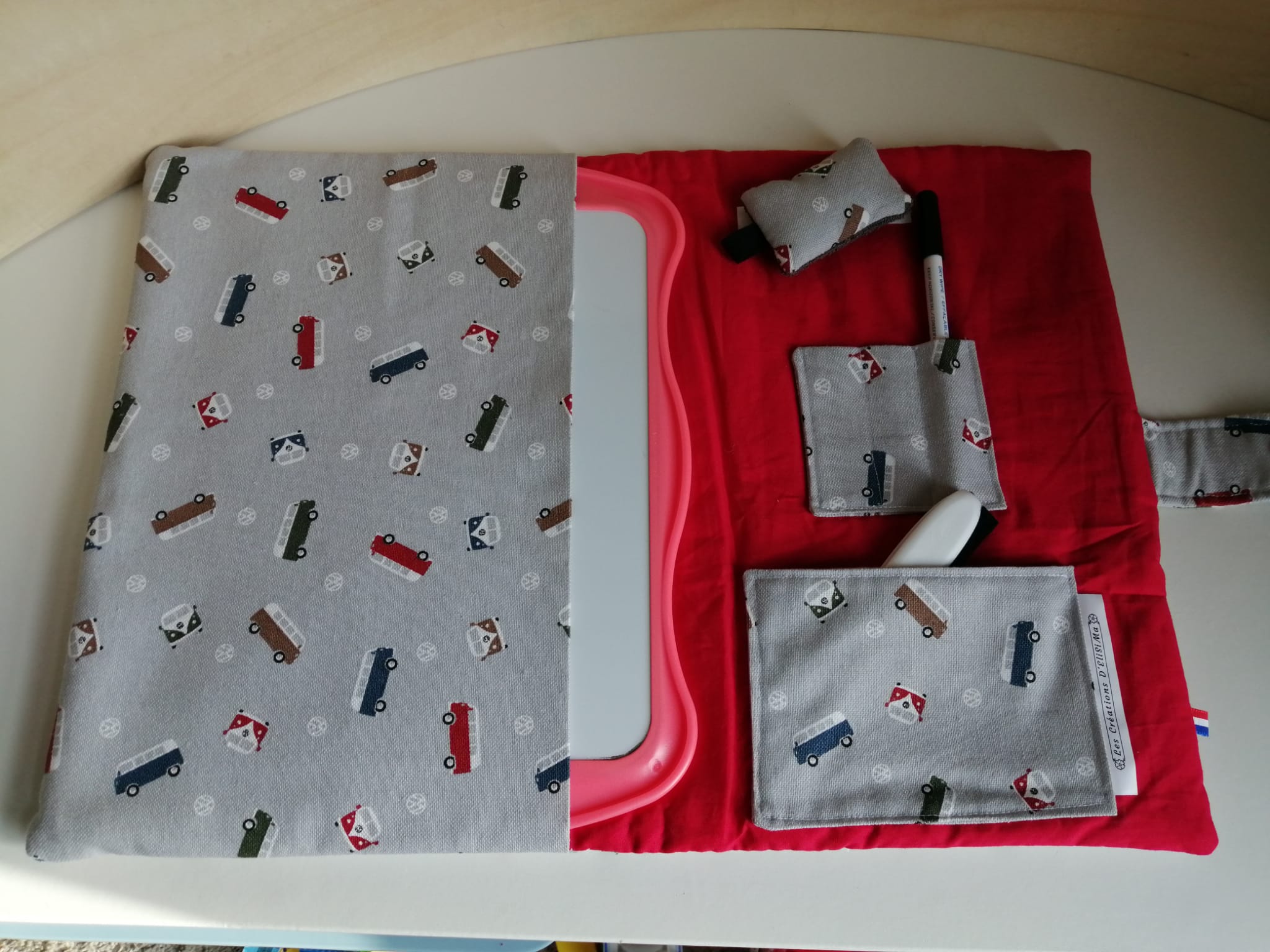Pochette à ardoise – coton molletonné VW Combi + petite éponge (21×29 cm)