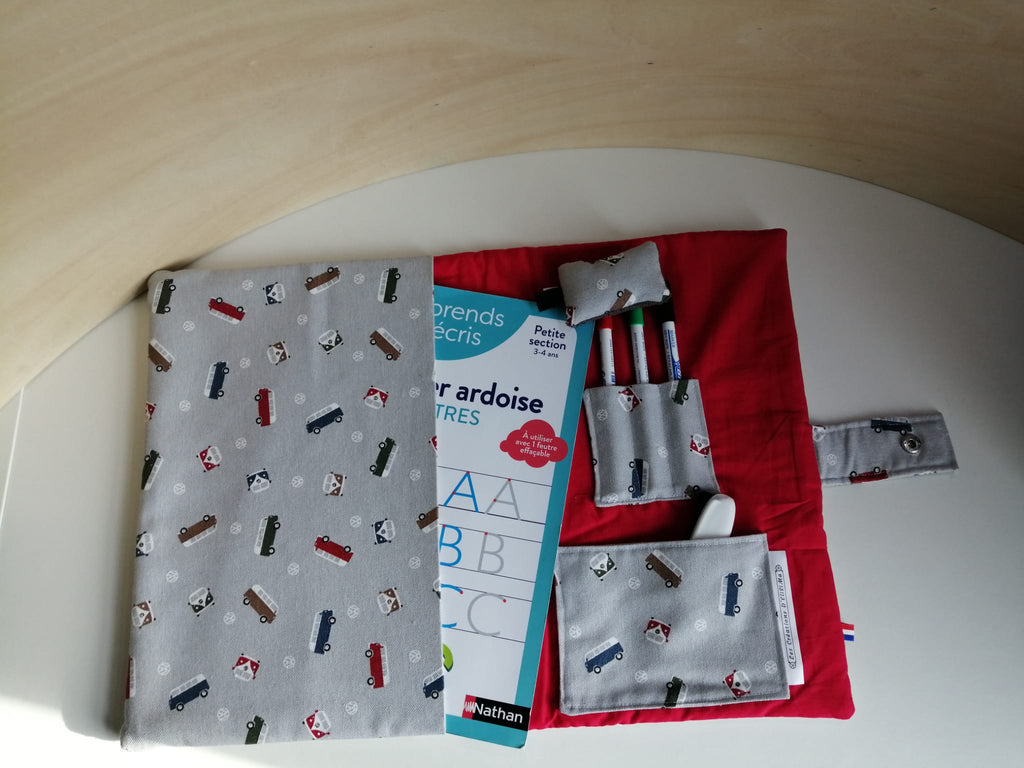 Pochette à ardoise – coton molletonné VW Combi + petite éponge (21×29 cm)