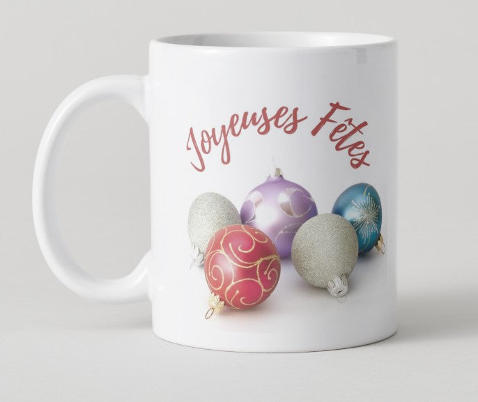 Mug "Joyeuses Fêtes" avec boules de Noël