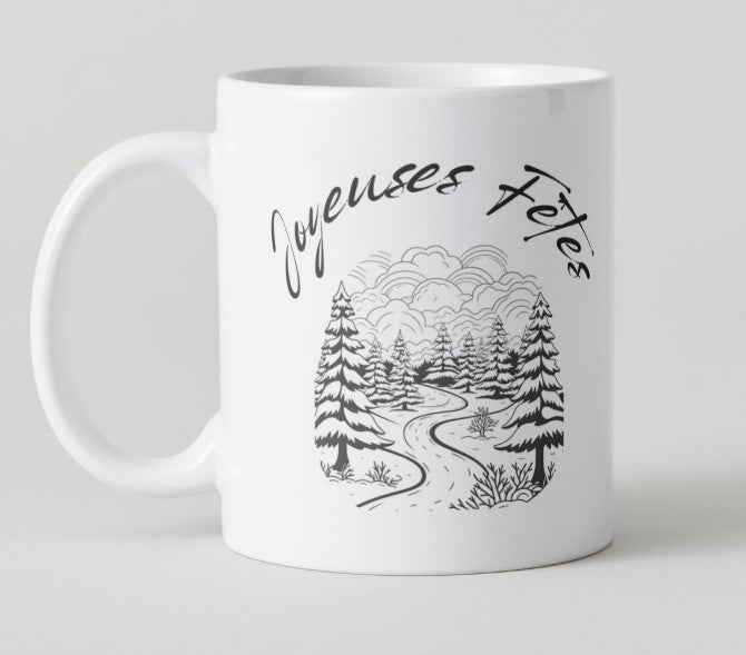 Mug "Joyeuses Fêtes" avec paysage noir et blanc